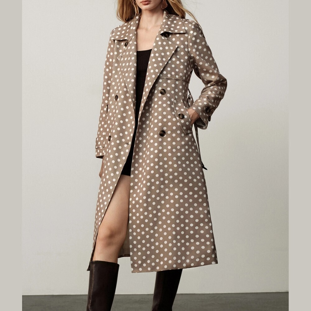 Taupe Polka Dot Double Breasted Trench Coat with Belted Waist